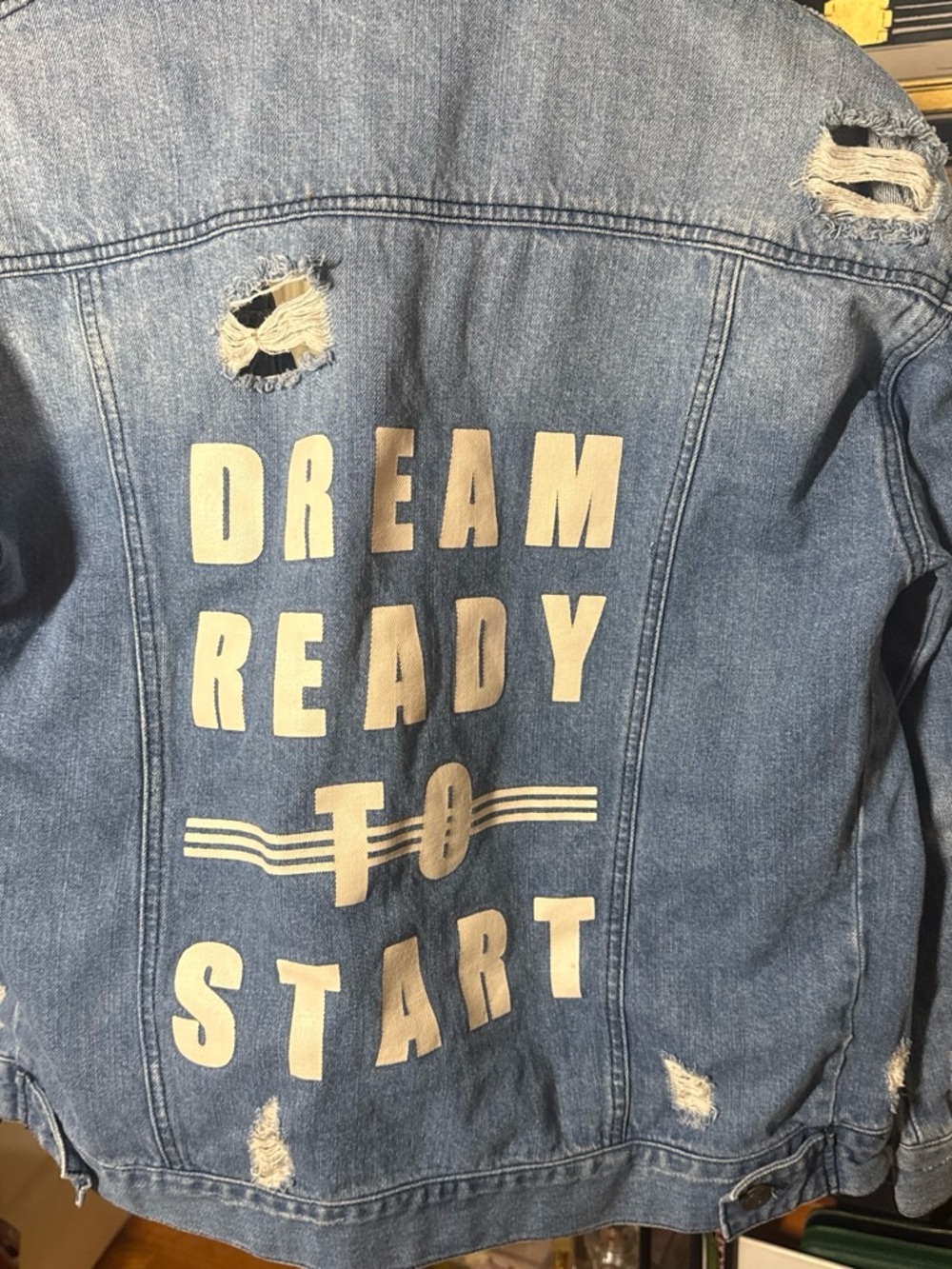 Denim Jacket with "DREAM READY TO START" Text - Light Blue